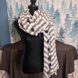 🤍 Ann Taylor Striped Cotton Scarf/Shawl with Pom Trim Excellent Pre-Owned Condi